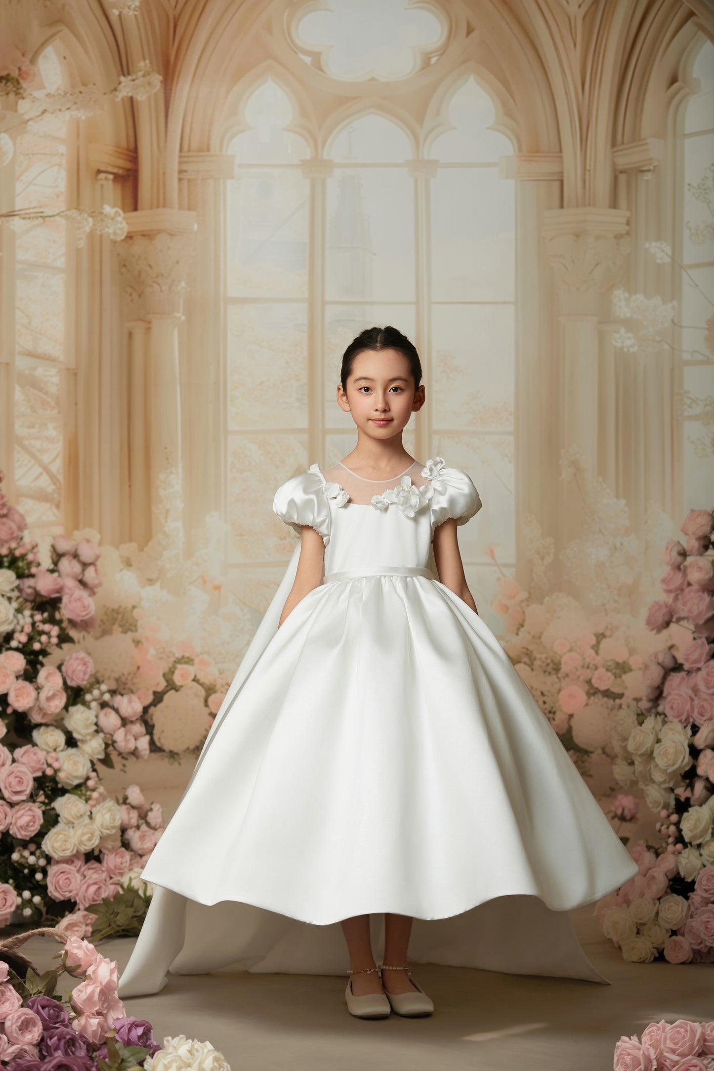 SATIN PUFFY SLEEVES FLOWER GIRL DRESS D24467