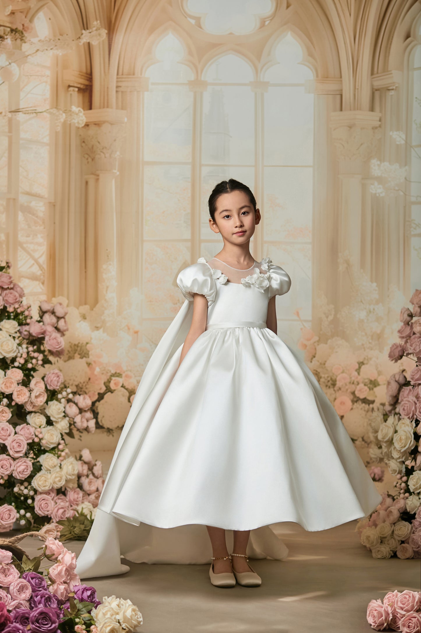 SATIN PUFFY SLEEVES FLOWER GIRL DRESS D24467