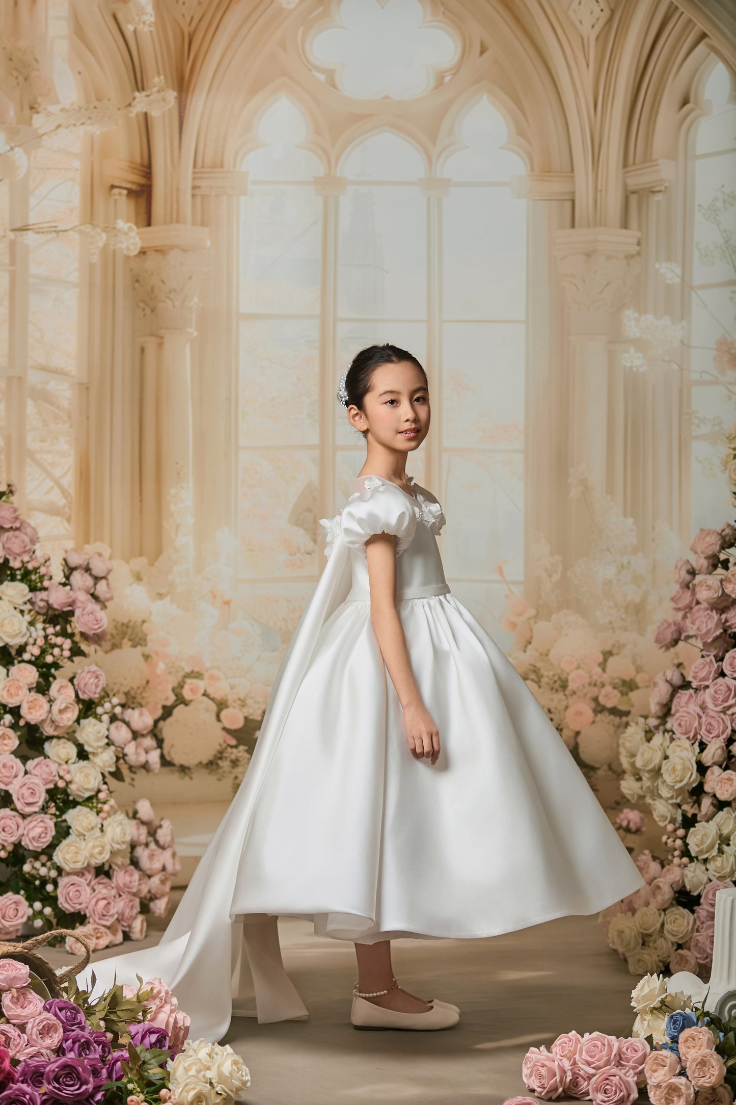 SATIN PUFFY SLEEVES FLOWER GIRL DRESS D24467