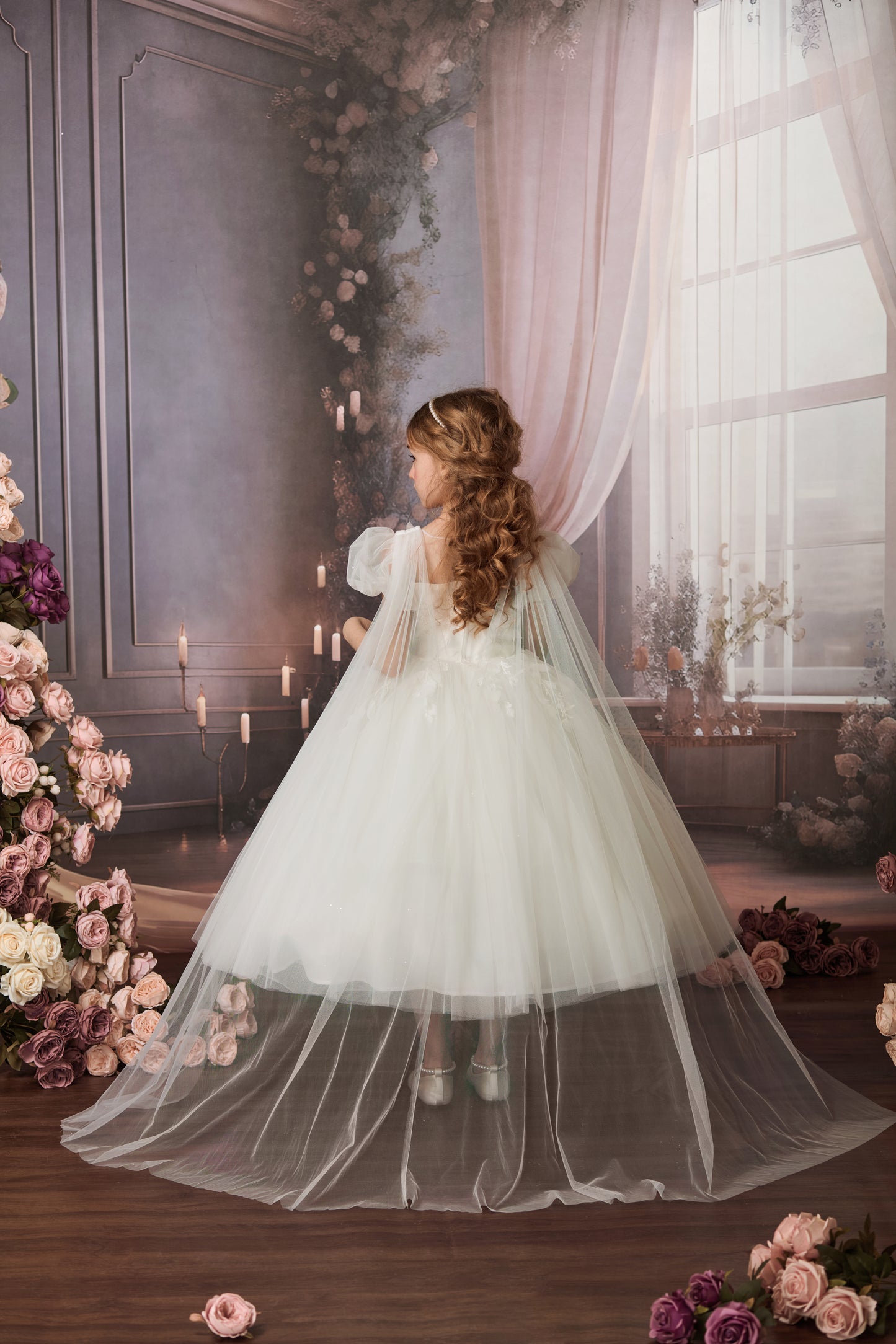 FLOWING BACK TULLE FLOWER GIRL DRESS D24468