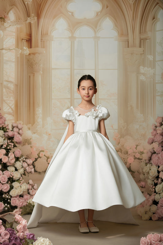 SATIN PUFFY SLEEVES FLOWER GIRL DRESS D24467