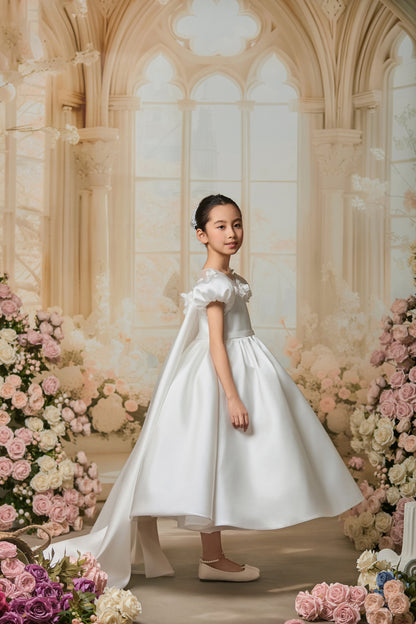 SATIN PUFFY SLEEVES FLOWER GIRL DRESS D24467
