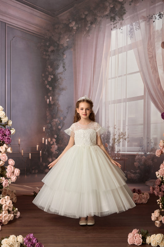 princess daliana communion dress Princess Daliana Girls' Metallic Lace and Rhinestone Gown