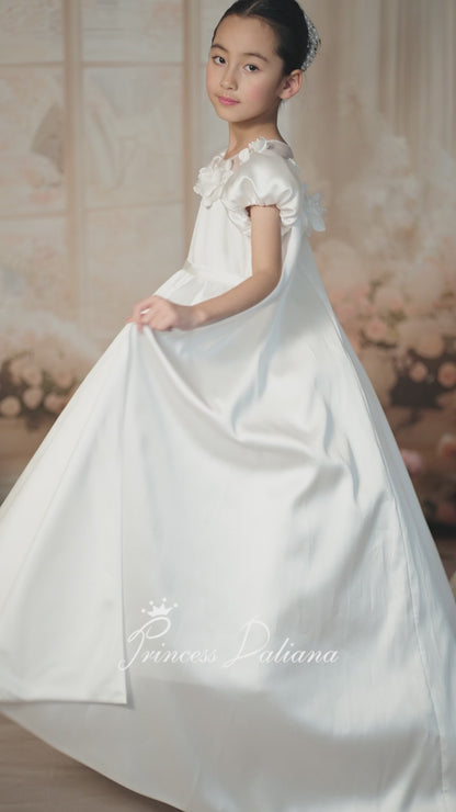 SATIN PUFFY SLEEVES FLOWER GIRL DRESS D24467